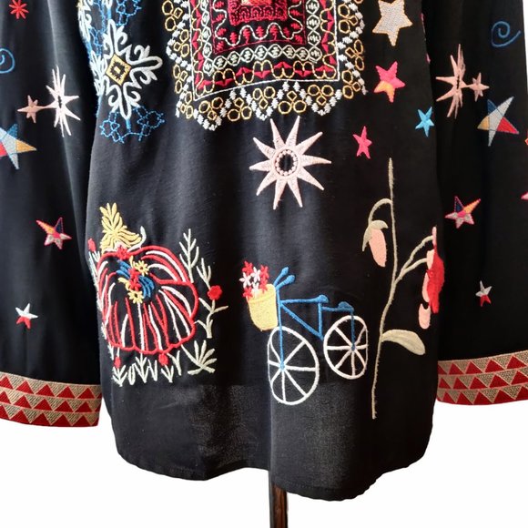 Coruja Womens Black Allover Colorful Embroidered 1/2 Button L/S Tunic Top M - Picture 5 of 12